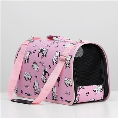 Сумка - переноска каркасная «Играющие котики», размер М, 40×21×27 см, розовая
