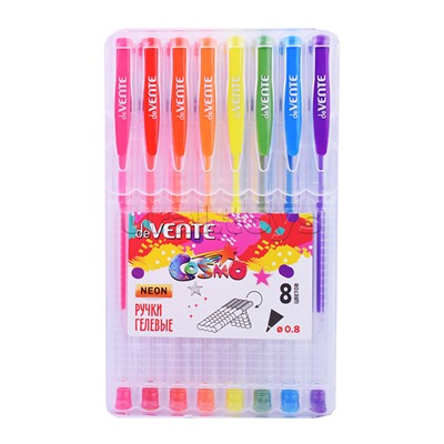 Набор ручек гелевых "Cosmo Fluo" 8 флуоресцентных неоновых цветов, d=0,8 мм, прозрачный корпус с металлическим наконечником, сменный стержень, в пластиковой коробке с подвесом