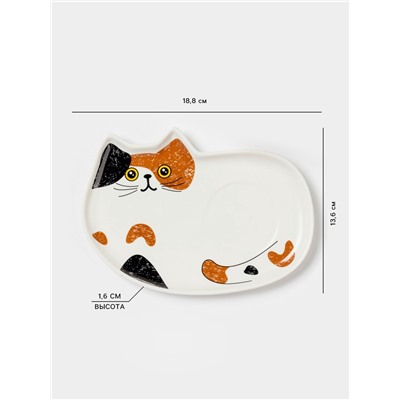 Чайная пара «Котик», 3 предмета: чашка 200 мл, блюдце 18.8×13.6 см, ложка, керамика, белая
