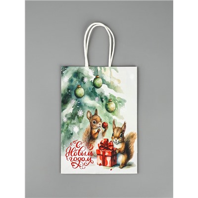 Пакет бумажный подарочный новогодний крафт «Белки» 15×21×8 см