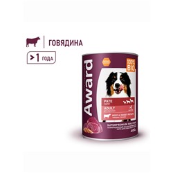 Влажный корм AWARD для взрослых собак паштет из говядины с бататом 400 г