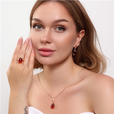 Комплект ювелирной бижутерии коллекция "Дубай" серьги, кулон и кольцо 19 р, покрытие позолота, вставка: искусственный камень бордового цвета,Уценка,  арт.08.3602-19 (314.804-19)