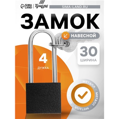 Замок навесной ТУНДРА, основание 30 мм, длинная дужка, 3 ключа, подвес