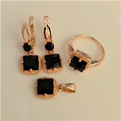 Комплект ювелирной бижутерии Дубайское золото: серьги, кулон и кольцо 18 р с крупным камнем, покрытие позолота, вставка: фианит, цвет: черный, арт.314.966-18