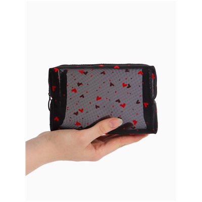 Косметичка женская HEARTS, с рисунком, сетка, на молнии, чёрная