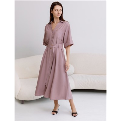 Платье-рубашка А-силуэта с поясом и карманами из плотного лиоцелла