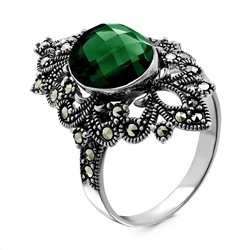 Кольцо из чернёного серебра с нат.зелёным агатом и марказитами 925 пробы HR-942а