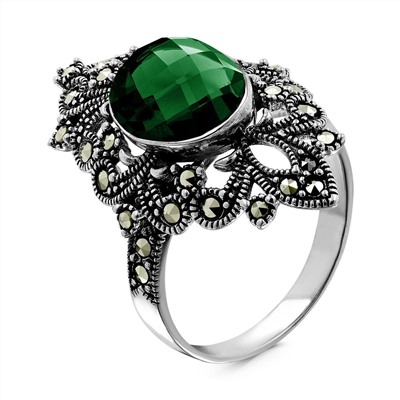 Кольцо из чернёного серебра с нат.зелёным агатом и марказитами 925 пробы HR-942а