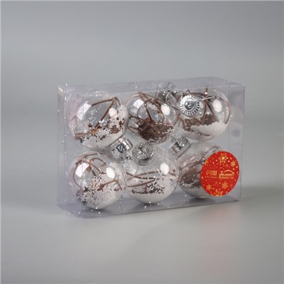 Ёлочные игрушки «Льдинка веточки», шары новогодние, d=6 см, набор 6 шт., белый