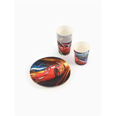 Посуда одноразовая бумажная на 10 персон: стаканы, тарелки, скатерть, Тачки