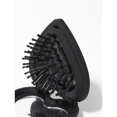 Расчёска массажная «Сердце», складная, с зеркалом, 8×2.5 см, матовая, чёрная
