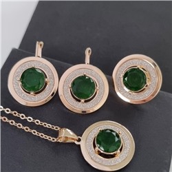 Комплект ювелирной бижутерии коллекция "Дубай" серьги, кулон на цепочке и кольцо 17 р, покрытие позолота, вставка: фианиты и блестящий глиттер, цвет: зеленый, арт.216.395-17