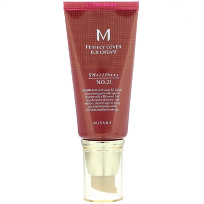 Missha, M Perfect Cover, BB-крем, SPF 42 PA+++, оттенок 21 светло-бежевый, 50 мл (1,7 унции)