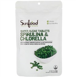 Sunfood, спирулина и хлорелла, таблетки с суперводорослями, 250 мг, 456 таблеток