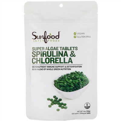 Sunfood, спирулина и хлорелла, таблетки с суперводорослями, 250 мг, 456 таблеток