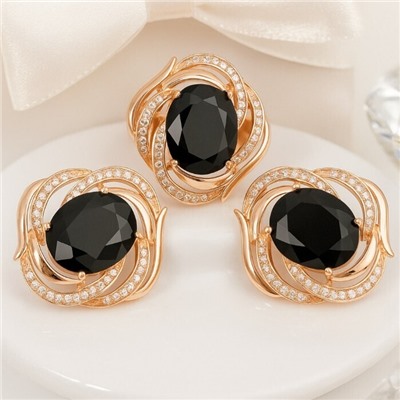 Комплект ювелирной бижутерии коллекция "Дубай" серьги и кольцо 19 р, покрытие позолота, вставка: фианиты, цвет: черный и прозрачный, арт.215.398-19
