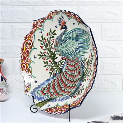 Ляган узбекский Риштанская Керамика «Жар птица», d=41 см, рифлёный, разноцветный