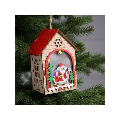 Ёлочная игрушка «Домик с Дедом Морозом», 14.5×11×8.5 см, 1 LED, от батареек, свечение тёплое белое