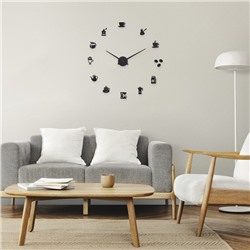 Часы настенные интерьерные для кухни, 3d «Время кофе», наклейка, большие, d=120 см, чёрные