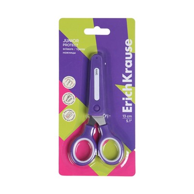 Ножницы детские ErichKrause Junior Protect, 13 см, с пластиковым чехлом и именным стикером, в блистере, МИКС