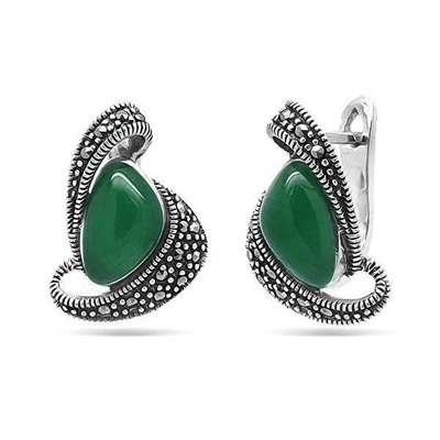 Серьги из серебра зеленый агат, марказит, SL-AGA82