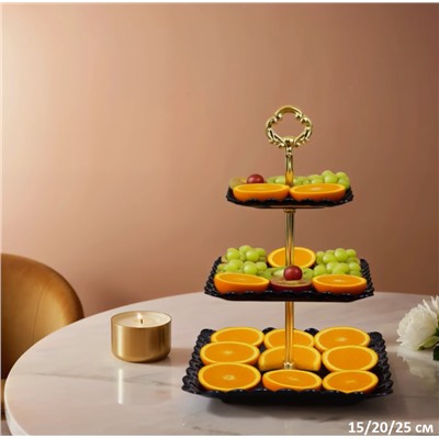 Ваза для фруктов 3-х ярусная 15/20/25 Квадрат черная / D-1265 /уп 100/ Пластик