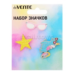 Набор значков "I am a star!" эмалированные, размер изделий: единорог 2,8x3 см, звездочка 2,5x2,5 см, очки 3,1x1 см, на карточке 7,0x9,5 см с пластиковым пакетом