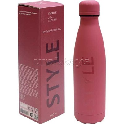 Бутылка-термос "Marandi" 500 мл, 26,3x7,6x7,6 см, 8-12 часов, нержавеющая сталь, с герметичной крышкой-пробкой, матовая, бордовая, лакированная надпись STYLE