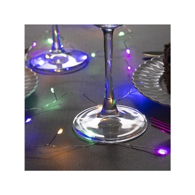 Гирлянда «Мишура» 1 м роса, IP20, серебристая нить, 20 LED, батарейки CR2032×2 (в комплекте), свечение мульти