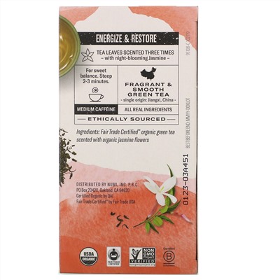 Numi Tea, Organic Green Tea, Jasmine Green, 18 Tea Bags, 1.27 oz (36 g)