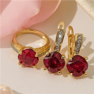 Комплект ювелирной бижутерии Итальянское золото (покрытие желтое 14к) серьги и кольцо 19 р, вставка: фианиты и цирконы, цвет: красный и прозрачный, арт.217.382-19