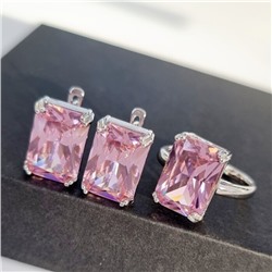 Комплект ювелирная бижутерия серьги и кольцо 17 р, покрытие: посеребрение, вставка: фианиты, цвет: розовый, арт.313.031-17