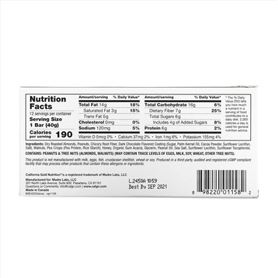 California Gold Nutrition, Foods, батончики с черным шоколадом, орехами и морской солью, 12 шт., 40 г (1,4 унции) каждый