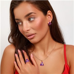 Комплект ювелирная бижутерия коллекция  "Дубай" серьги, кулон и кольцо 19 р, покрытие: позолота, вставка: фианиты, цвет: фиолетовый, арт.313.132-19