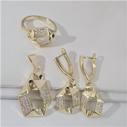 Комплект ювелирной бижутерии Итальянское золото (покрытие желтое 14к) серьги, кулон и кольцо 19 р, вставка: фианиты, цвет: прозрачный, арт.217.389-19