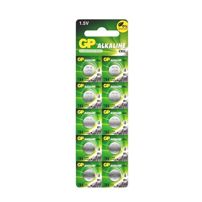 Батарейка алкалиновая GP, 186-10BL (Аналоги: LR43, G12, V12GA, 186), 1.5 В, блистер, 10 шт.