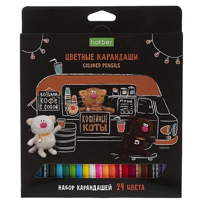 Карандаши цветные 24 цв. ECO "Кофейные коты" заточен. в карт. короб. с европодвесом