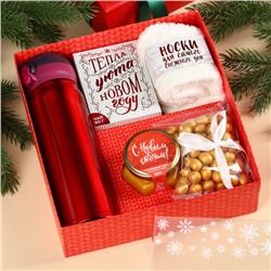 Подарочный набор новогодний «С Новым годом», чай 50 г, крем-мед 120 г, носки 36-39 р, термос 500 мл, арахис в глазури 100 г