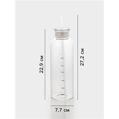 Бутылка для воды, 790 мл, 7.5×23 см, с трубочкой и шкалой времени, стекло, прозрачная