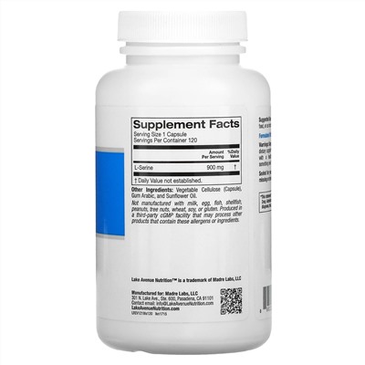 Lake Avenue Nutrition, L-Serine, 900 mg, 120 Veggie Capsules