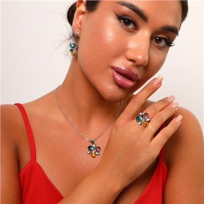 Комплект украшений ювелирной бижутерии с покрытием посеребрение, серьги, кольцо и кулон, вставка: фианит, цвет: желтый, сиреневый, морская волна, р-р 20, арт.214.648-20