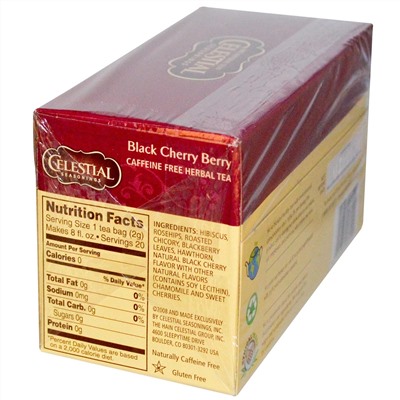 Celestial Seasonings, Травяной чай, Черная вишня, без кофеина 20 чайных пакетиков, 1.6 унции (44 г)