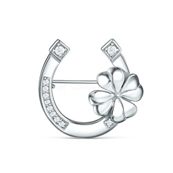 Брошь подкова с клевером из серебра с фианитами родированная - На удачу БДБр022