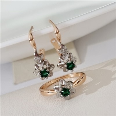 Комплект ювелирной бижутерии коллекция "Дубай" в форме цветов серьги и кольцо 18 р, покрытие позолота, вставка: фианиты, цвет: зеленый, арт.314.884-18