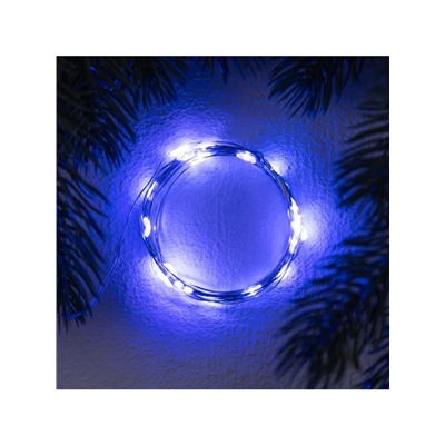 Гирлянда «Нить» 2 м роса. IP20, нить серебристая, 20 LED, 4.6 В, AG13×3 (в комплекте), 3 режима, свечение синее