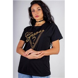 Футболка "Guess" с треугольником стразы, камешки, бусины (Черный)