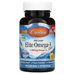 Carlson Labs, Wild Caught, Elite Omega-3 Gems, отборные омега-3 кислоты, натуральный лимонный вкус, 1600 мг, 90 +30 мягких таблеток