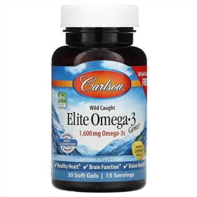 Carlson Labs, Wild Caught, Elite Omega-3 Gems, отборные омега-3 кислоты, натуральный лимонный вкус, 1600 мг, 90 +30 мягких таблеток