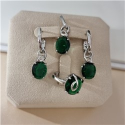 Комплект ювелирной бижутерии коллекция "Дубай" серьги, кулон и кольцо 19 р, покрытие посеребрение, вставка: стекло, цвет: зеленый, арт.313.445-19