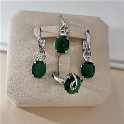 Комплект ювелирной бижутерии коллекция "Дубай" серьги, кулон и кольцо 19 р, покрытие посеребрение, вставка: стекло, цвет: зеленый, арт.313.445-19